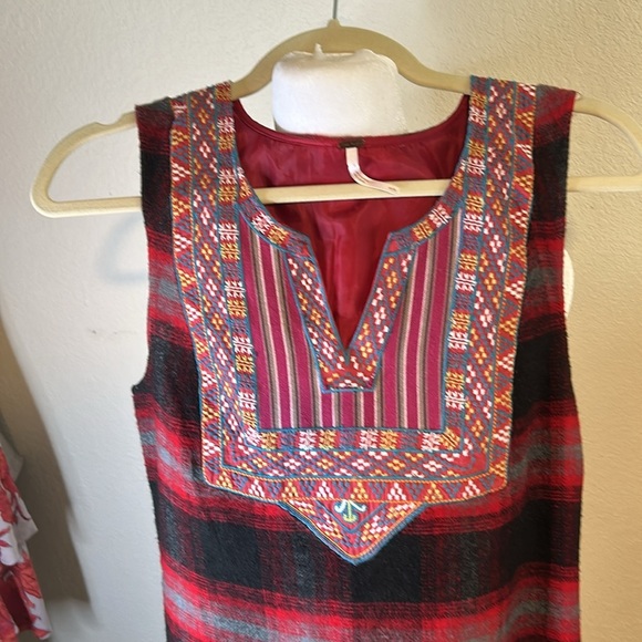 FREE PEOPLE EMBROILED RED FLANNEL PLAID SHIFT TANK DRESS SIZE SP - Picture 2 of 13